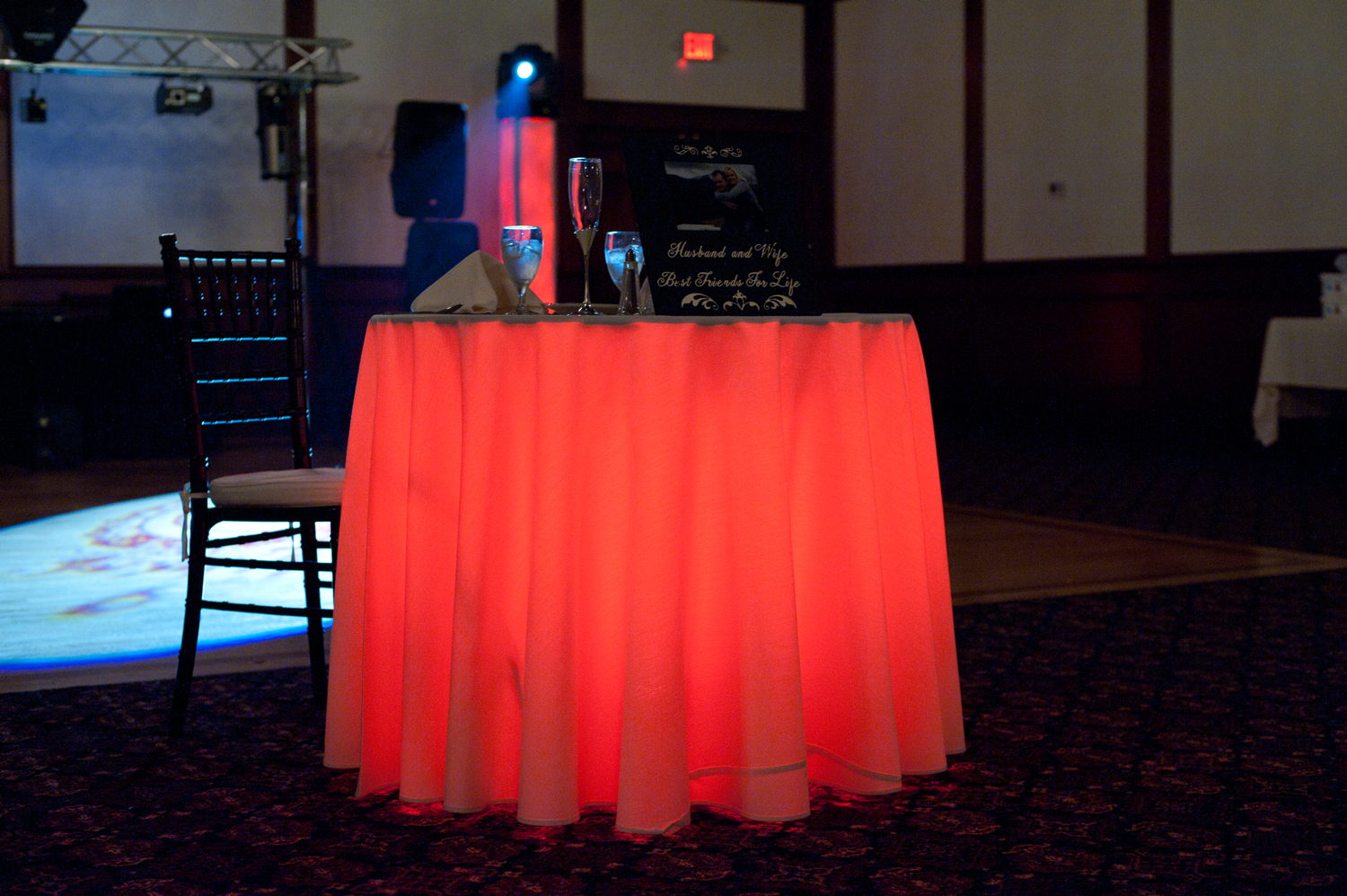Wedding Wireless LED Uplighting Under Table Apple Hill Farm Country Club Ballroom October 6, 2012 - 1